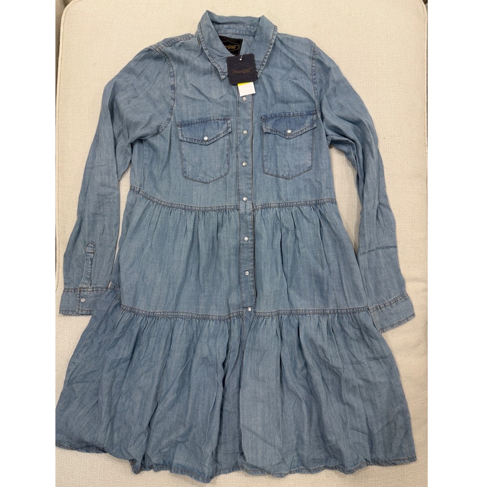 Threadgrit Denim Dress Womens Medium Blue Tiered Tencel Snap Button NWT